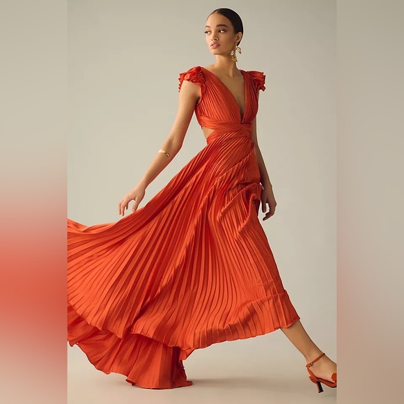 Mac Duggal Pleated Flutter Sleeve Deep-V Lace-Up Gown - Picture 3 of 7